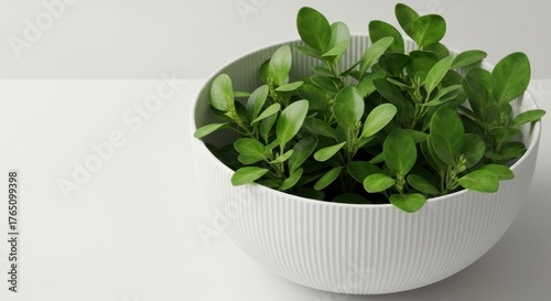 Lush green small plant sprigs spill from a textured white bowl on a light surface