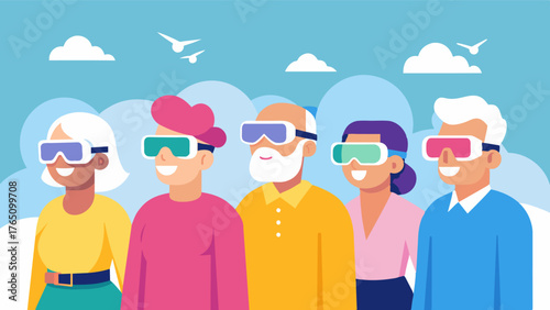 A group of elderly individuals wearing VR headsets while taking a virtual trip down memory lane revisiting familiar places and triggering nostalgic memories.. Vector illustration
