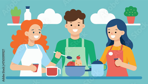A group of friends cooking together in the kitchen. Hobbies that involve learning new skills like cooking can increase brain plasticity and improve cognitive function.. Vector illustration