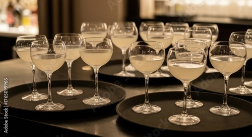 Wallpaper Mural Numerous stemmed glasses with a light yellow beverage on black trays in a bar Torontodigital.ca