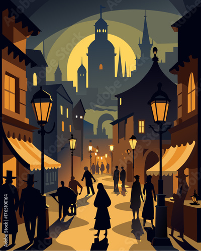 A bustling market square the gaslights flickering and causing illusions of movement and mystery in the shadows.. Vector illustration