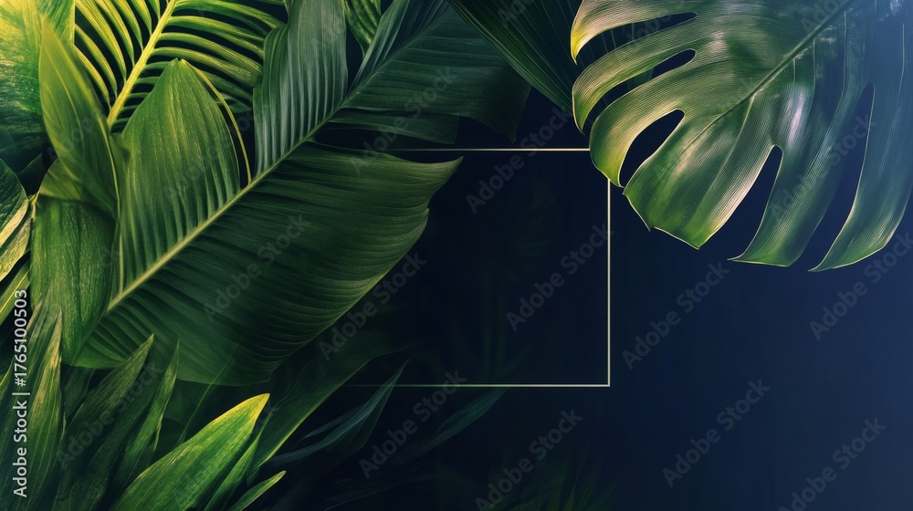 Obraz premium Leafy green background with a gold frame. The frame is a rectangle and is placed in the middle of the image