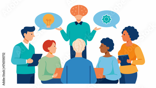 A group of adults with traumatic brain injuries participating in a speech therapy session to improve their social skills and ability to engage in conversations. The the leads group. Vector