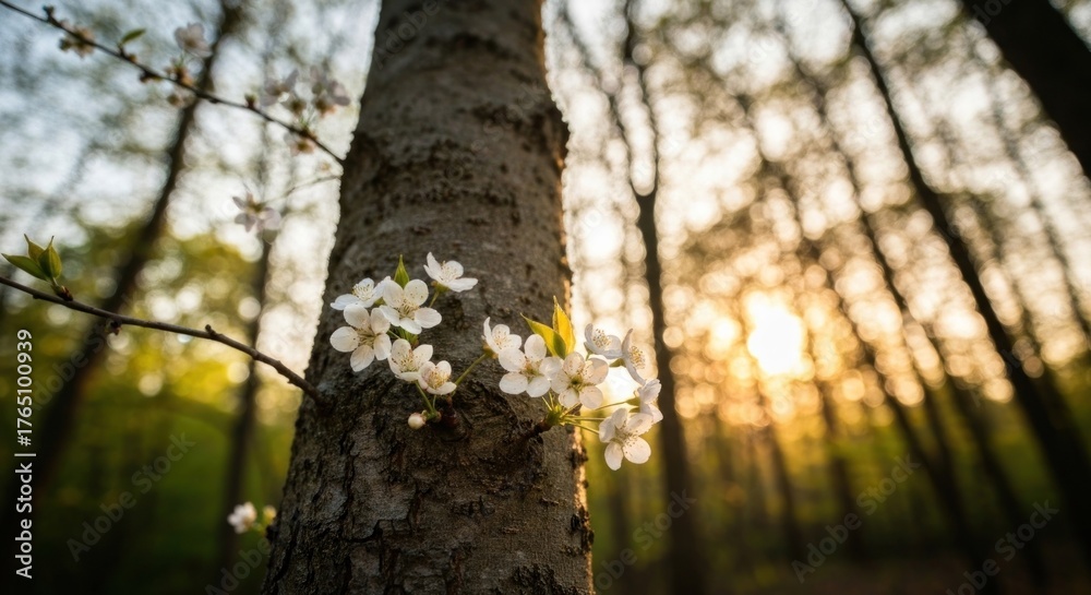 Obraz premium Spring blossoms on a tree trunk in a golden hour forest, sunlight filtering through trees