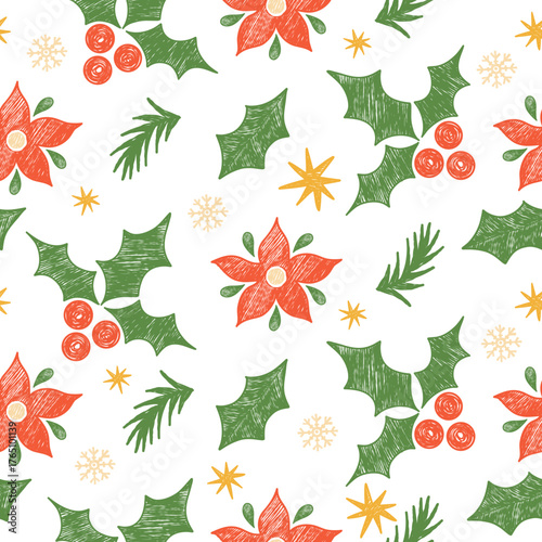 Christmas Crayon Seamless Pattern with poinsettias, holly. New Year Ornament. Textured Hand-Drawn Doodle