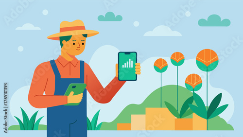 A farmer using a mobile app to remotely monitor soil pH levels through AIdriven data analysis to determine the ideal time for crop planting.. Vector illustration