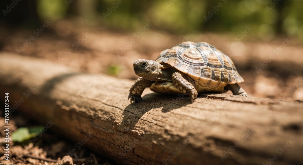 Fototapeta premium Tiny tortoise walks on a textured log in natural setting, blurred green background
