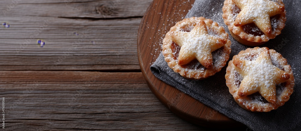 Fototapeta premium Rustic, dark, and moody winter holiday tarts dusted with powdered sugar and spices.