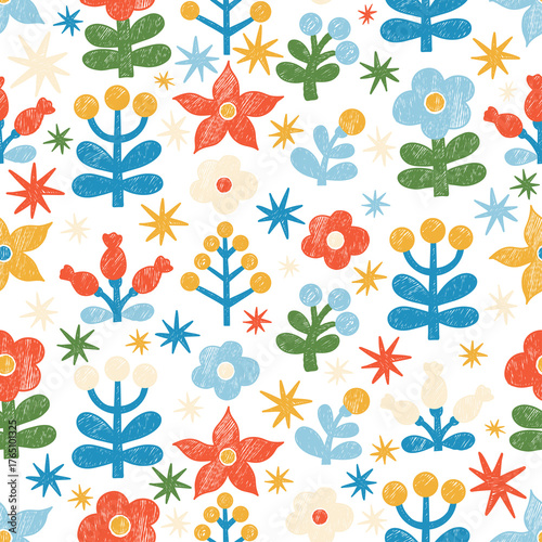 Crayon Floral Seamless Pattern. Bright Chalk Flowers, Berries and Branches. Folk Art Ornament handmade. Textured Hand-Drawn