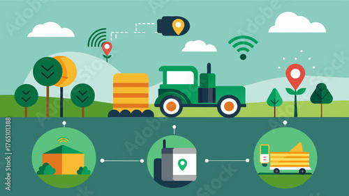 A geofencing feature that sets virtual boundaries for farm equipment triggering alerts if they enter unauthorized areas or leave the farms premises.. Vector illustration