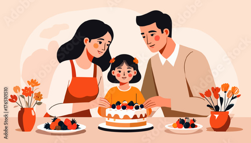 Mom and Dad decorating cake with daughter at festive table