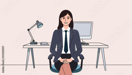 A woman in an interview, sitting confidently next to a computer desk