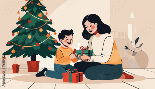Mother and son opening Christmas presents together by the Christmas tree