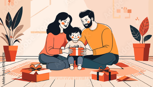 Mother and father opening gifts with their son on cozy floor