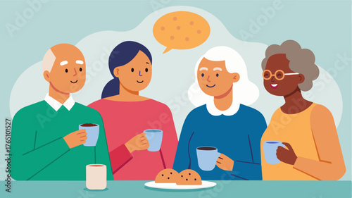 A group of seniors sipping tea and nibbling on cookies as they listen to a guest speaker discussing the latest bestseller. As they take turns asking questions and sharing their own. Vector