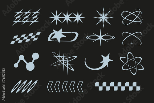 Y2K vector set with retro sparkle stars, starburst, and futuristic shapes. Perfect for design, fashion prints, and branding. White silhouette on black background.