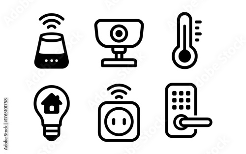 Smart home technology icons in minimalist black and white design
