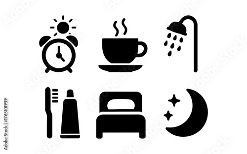 Minimalist morning routine icons: alarm, coffee, shower, bedtime, toothbrush, moon