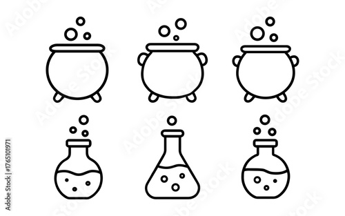 Outline icons of bubbling cauldrons and potion flasks for halloween and science designs