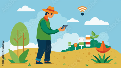 A farmer uses satellite imagery to monitor the growth and coverage of their pasture over time identifying areas that may need reseeding or rehabilitation.. Vector illustration