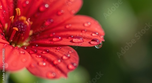 Vibrant red flower with dew drops on petals, one shimmering droplet hangs delicately