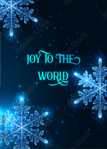 Joy to the World glowing Christmas greeting with digital snowflakes on dark background, vector