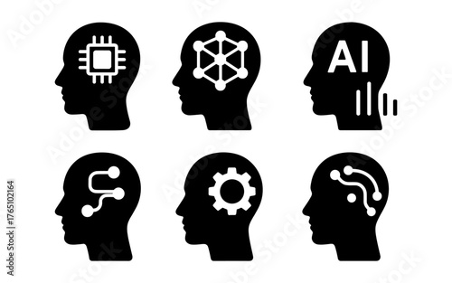 Silhouette icons of human heads with ai and technology symbols