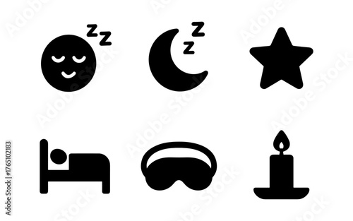 Sleep icons: moon, star, bed, and candle for restful night themes