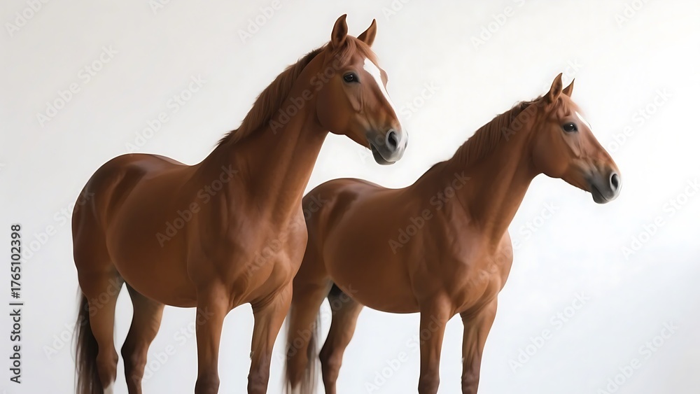 Obraz premium Two brown horses are standing side by side against a plain white background, showcasing their elegant forms.