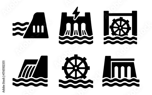 Hydroelectric power silhouette icons: energy sources and water turbines