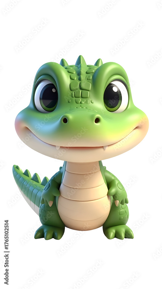Fototapeta premium A cute, cartoon-styled baby alligator with big, expressive eyes and a friendly smile. The alligator is bright green and charming.