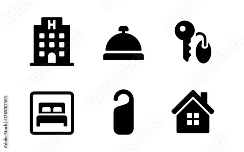 Hotel service icons: key, bell, room, do not disturb, building, house