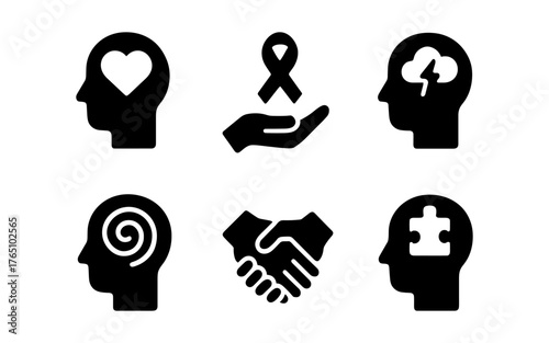 Mental health icons: silhouette symbols for wellness and support