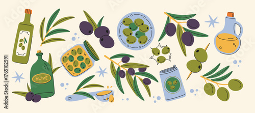 Olive stickers set in retro cartoon. Mediterranean food elements: olive oil bottles, branches with fruits, canned black and green olives. Illustration in funky, doodle style, trendy shapes
