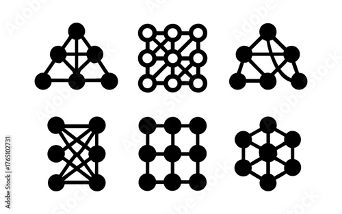 Geometric network icon set featuring neural and molecular structures in bold black design