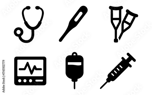 Essential medical icons: stethoscope, thermometer, crutches, monitor, iv, syringe silhouettes