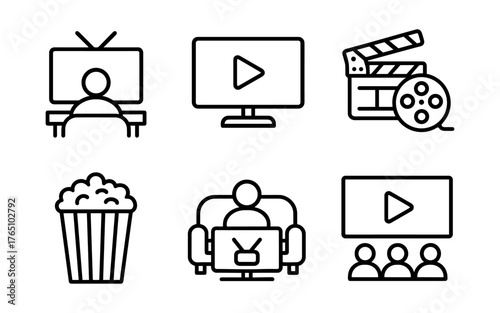 Entertainment icons: linear style cinema, tv, and popcorn symbols