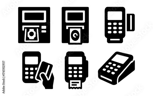 Collection of atm and payment terminal icons in bold silhouette style
