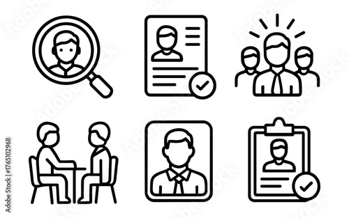 Line art icons of recruitment process featuring interviews and candidate profiles
