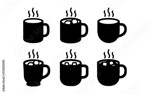 Assorted coffee mug silhouettes with steam and marshmallows in minimalist style
