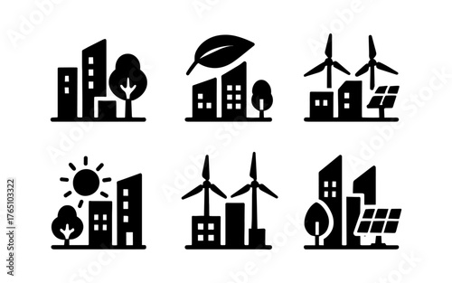 Silhouette icons of sustainable urban development and renewable energy