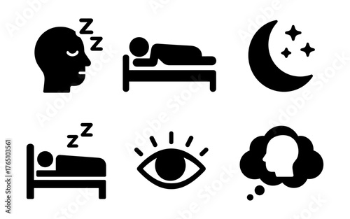 Sleep and dream icons: silhouette symbols of rest, night, and relaxation