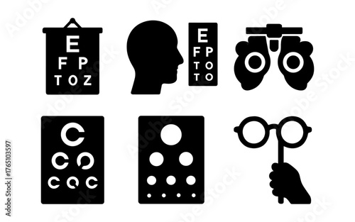 Eye test icons set: vision testing charts, glasses, and equipment in silhouette style