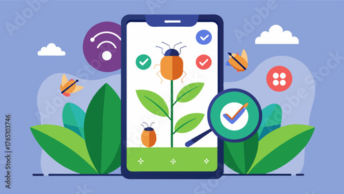 A mobile app utilizing AI image recognition technology allows farmers to take pictures of suious plants and receive pest identification and treatment recommendations in realtime.. Vector illustration