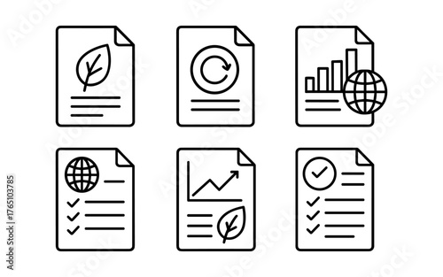 Eco-friendly report icons with global and statistical symbols in linear style