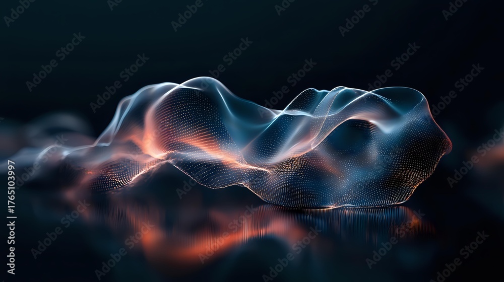 Obraz premium Abstract digital wave pattern with glowing orange and blue light effects on dark background, flowing dynamic lines creating futuristic technology visualization.