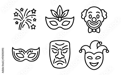 Festive mask and celebration icon set in simple line art for carnival and party themes