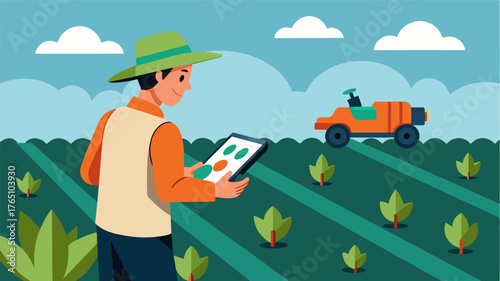 A farmer remotely controls an autonomous weeding robot using a tablet watching as it precisely navigates through the rows of vegetables.. Vector illustration