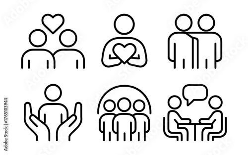 Minimalist icons depicting community, support, and communication in black and white