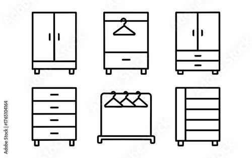 Minimalist wardrobe and closet icons in linear style for home organization